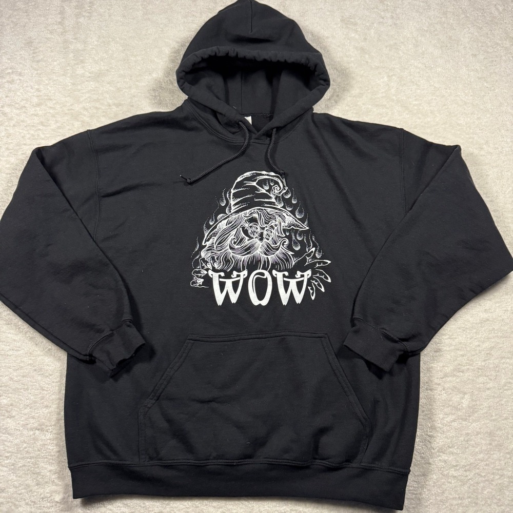 Gildan Heavy Blend Black Graphic Hoodie Wizard Flames WOW Print‎ Men's Size L